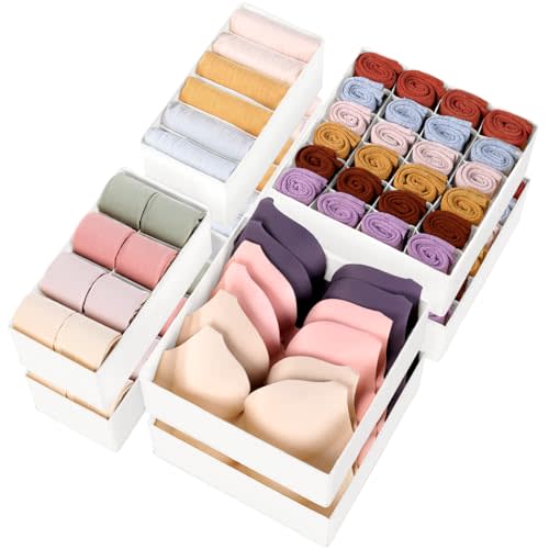 Underwear Sock Drawer Organizer Dividers 8 Set, Foldable Dresser Closet Organizers and Storage Bins for Baby Clothing, Sock, Underwear, Bra, Ties, Scarf (White)