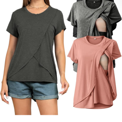 Rnxrbb 3 Pack Women's Nursing Tops for Breastfeeding Summer Short Sleeve T Shirts Postpartum Double Layer Clothes