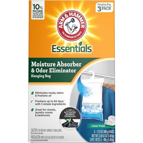 Arm & Hammer Essentials Hanging Moisture Absorber and Odor Eliminator, 17.5 oz., 3 Pack, Linen Fresh, Moisture Absorbers for Closets, Laundry Rooms and Bedrooms, Long-Lasting Freshness