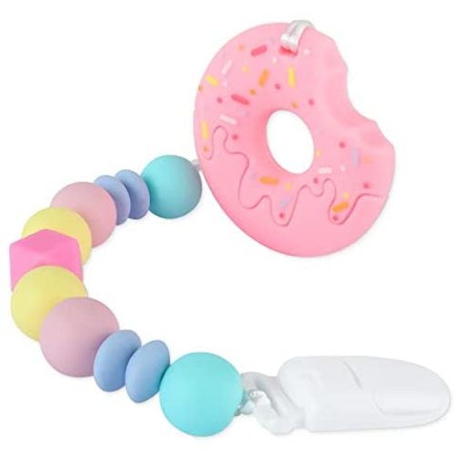 Baby Donuts Cookie Teething Toys for Babies 3-6 6-12 Months, Silicone Teether with Pacifier Clip Relief Beads Binky Holder, BPA-Free for Newborn Boy Girl (Pink)
