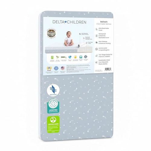 Delta Children Refresh 2-Stage Crib and Toddler Mattress - Breathable Cover and Core - Machine Washable - GREENGUARD Gold – Waterproof - Sustainably Sourced Core, Blue