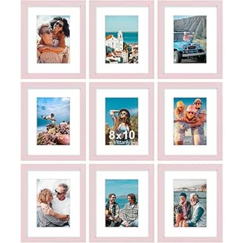 Vittanly 8x10 Picture Frame Set of 9 - Display 5x7 Photos with Mat or 8x10 Without Mat, Wall Mount & Tabletop Frames for Home Decor, Horizontal or Vertical (Pink)