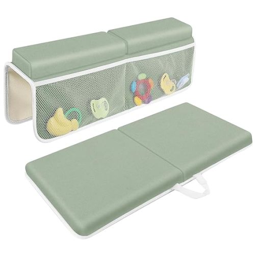 JJGoo Bath Kneeler with Elbow Rest Pad Set, 1.5 inch Kneeling Pad Mat for Bathtub Baby Bathing Parents, Painless Foam Mat with Toy Organizer Pockets, Non-Slip for Baby and Toddler Bathing