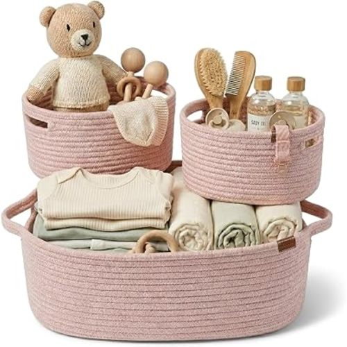 Nursery Storage Baskets 3-Pack Pink | Cotton Rope Baby Organiser Set