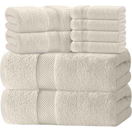 White Classic Juego de 8 toallas de lujo para baño - 100% algodón turco, toallas altamente absorbentes para el baño, 2 toallas de baño de lujo 700GSM, 2 toallas de mano, 4 toallitas, color marfil