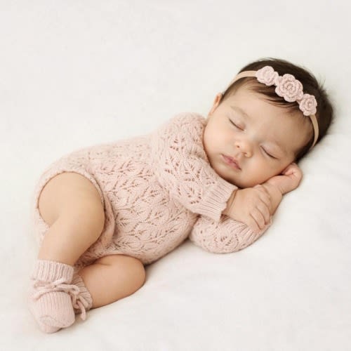 Baby Knit leaf lace romper with Set options | LACEY Light Pink Apricot