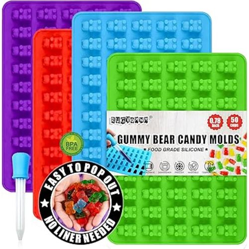 Gummy Bear Silicone Candy Molds - Set of 4 Gummy Bear Mold Trays with Dropper, Fun Making Gummy Bears with Non Stick Silicone Candy Molds, Perfect Silicone Molds for Gummy Bear Candy…