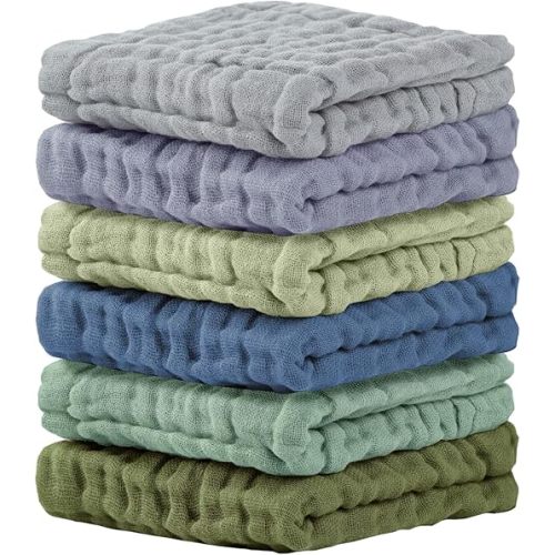 Baby Washcloths 6 Packs, Muslin Washcloths Baby,Cotton Burp Cloths, Extra Absorbent and Soft Wash Clothes for Newborns, 12x12 Inches