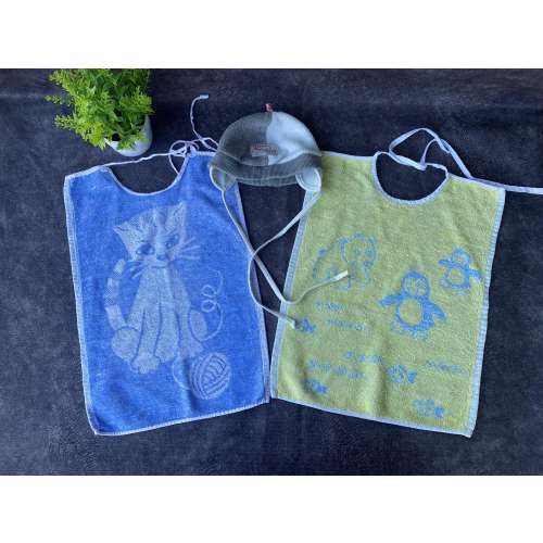 Vintage 90s Terry Bib Set: Baby Animal Print, Gift Hat