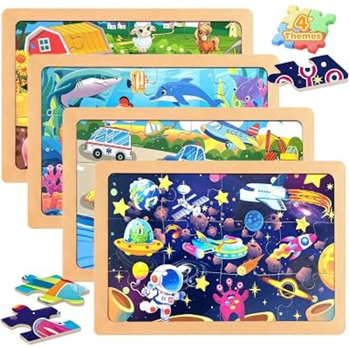 Wooden Puzzles for Kid Ages 3,12 Piece Vehicle Farm Space Ocean
