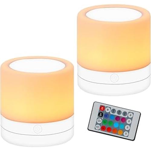 Nursery Night Light for Kids, USB Rechargeable Small Desk Lamp,13 RGB Colors & 4 Brightness & 1 Remote, Touch Bedside Cordless Table Lamp, Portable Night Lamp for Bedroom Living Room (2 Pack White)