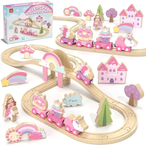 Lehoo Castle Wooden Train Set, Unicorn Train Set for Toddlers 2-4, Wooden Train Track Toddler Girl Toys Pink Train Fantasy Toys for 3 4 5 6 Year Old Girl