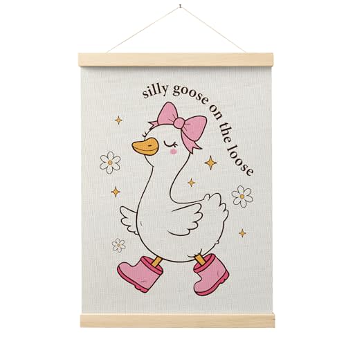 FISWAFY Cute Silly Goose Framed Canvas Wall Art, Coquette Pink Bow Goose Funny Farm Animal Posters Prints Wall Decor for Girls Kids Room Bedroom Nursery Playroom, 12x16 Inch