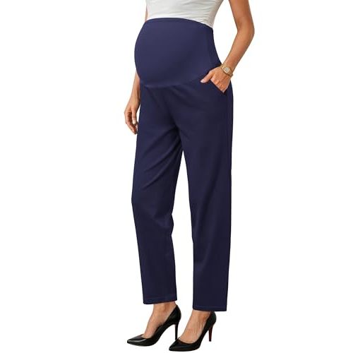 OUGES Womens Stretchy Maternity Over Belly Casual Work Straight Leg Pants Ankle Business Office Trousers with Pockets