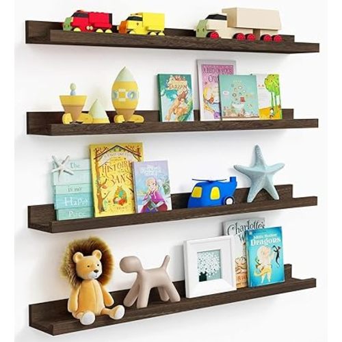 36 Inch Rustic Picture Ledge Shelf, Brown Wooden Floating Shelves With Lip