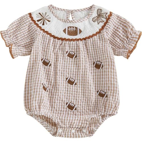 Toddler Baby Girl Football Outfit Ruffle Short Sleeve Rugby Embroidery Smocked Dress Plaid Romper Summer Dresses