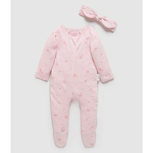Purebaby Baby Girls Organic Cotton Zip Footie & Headband Set