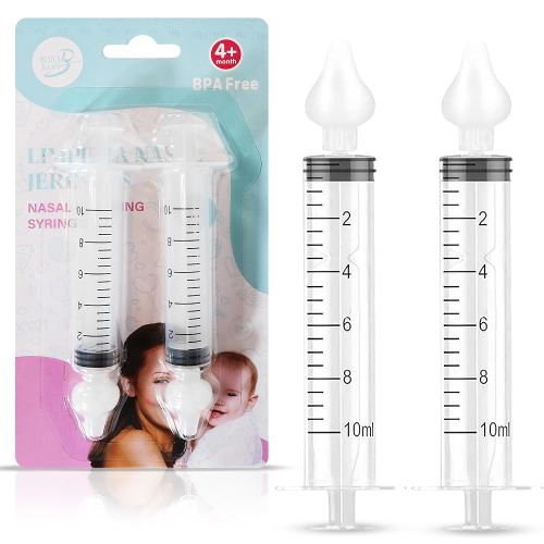 Baby Nasal Syringe (2-Pack) - Safe Silicone Nasal Aspirator for Newborn - Infant Mucus Removal - 10ml Nose Cleaner Syringe for Baby - Toddler Congestion Relief - Reusable Tips - White