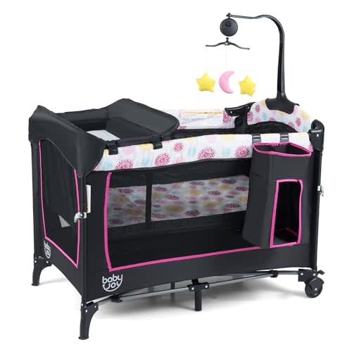 BABY JOY 4 in 1 Pink Pack and Play, Baby Bedside Sleeper with 3 Adjustable Heights, Music Box, Foldable Bedside Crib w/Changing Table, Baby Playards with Bassinet from Newborn to Toddlers Rose
