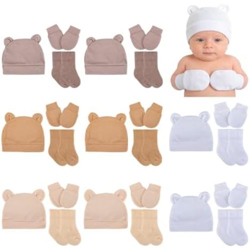 8 Pack Newborn Baby Mittens Hats Socks Set - Unisex Beanie with Bear Ears,Cotton,NICU Essentials for Preemie Girl Boy