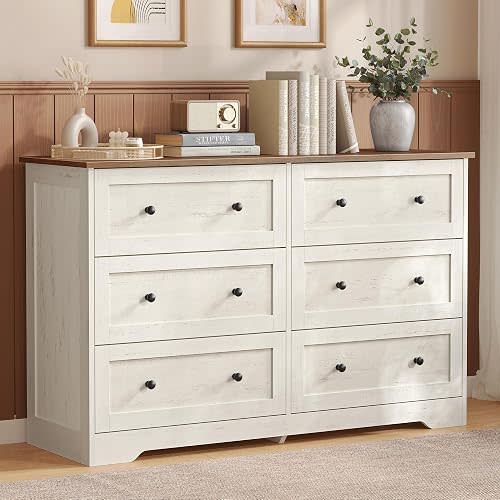 VASAGLE 6-Drawer Dresser, Engineered Wood Chest of Drawers, Large Capacity Storage Cabinet, 47.2 x 15.7 x 30.7 in, Cloud White and Warm Brown, for Bedroom, Living Room, Siren Collection ULTS663WJ02S