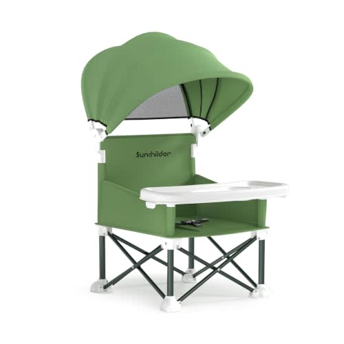 Portable Baby Booster Seat with Removable Tray & Canopy - 3 Point Safety Harness, Compact Fold for Travel, Indoor Outdoor Use for Infants & Toddlers, Green