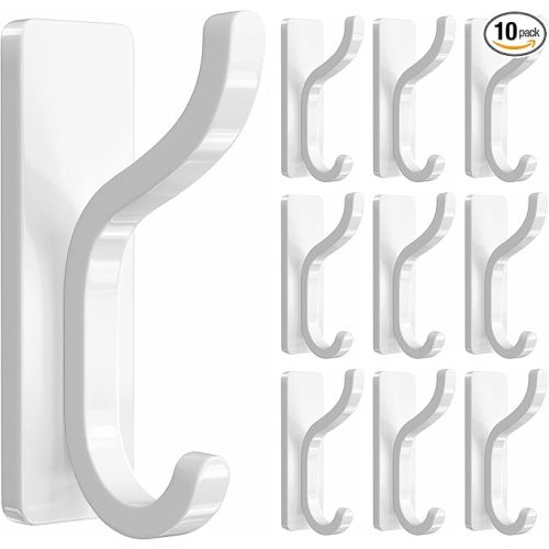 pickpiff Adhesive Wall Coat Hooks - Heavy Duty Stick-On Door Hanger, Metal Hook for Hanging Towel,Purse, Robe, Backpack, Jacket, Clothes - for Bathroom,Dorm, Closet, Kitchen - White, 10 Pack
