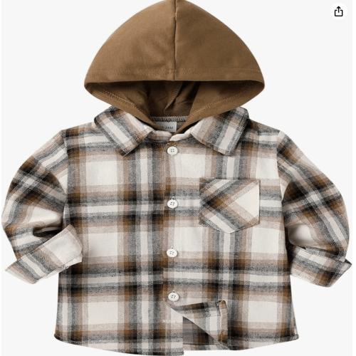 YOUNGER STAR Toddler KidsBaby Boys Hooded Plaid Shirt Classical Shirt Hooded Jacket Fall Winter Clothes (Coffee Grey and Beige Hood, 3-6 Months)