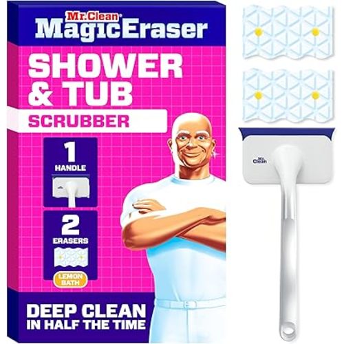 Mr. Clean Magic Eraser Shower & Tub Scrubber, Bathroom Cleaner, All in One Bathroom Cleaner, Lemon Starter Kit, 1 Scrubber & 2 Foaming Magic Erasers