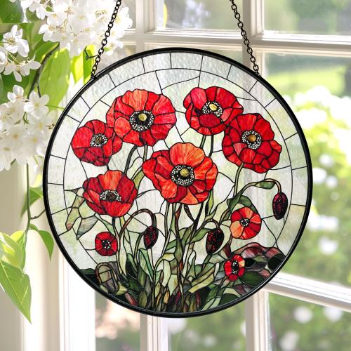 Poppy Flowers Suncatcher, Stained Glass Plant Home Decor, Unique Botanical Art Window Hanging, Artistic Poppy, Memory Day, Poppy Suncatcher