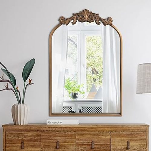 HQiJun Wall Mirror Window Decorative Traditional Vintage Ornate Baroque Mirrors Antique Arched Farmhouse for Living Room Bedroom Entryway Bathroom Vanity (27 * 19 * 1.2, Gold)