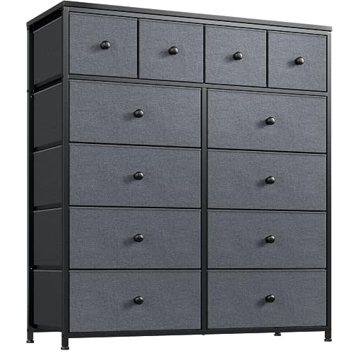 EnHomee Dresser for Bedroom with 12 Drawers, Dresser Organizer for Bedroom, Black Dresser with Wooden Top and Metal Frame, Bedroom Dressers & Chests of Drawers for Bedroom, Closets, Dark Grey