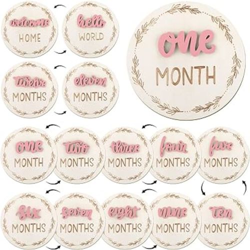 7 Pcs Months Baby Milestone Signs, 3D Pink Baby Monthly Milestone Cards Milestone Wooden Circles for Newborn Boy Girl 1-12 Months Baby Milestone Pictures (Double Sided)