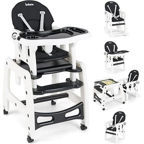 INFANS 5 in 1 Baby High Chair, Convertible Toddler Table Chair Set, Rocking Chair, Multi-Function Seat with Lockable Universal Wheels, Adjustable Seat Back, Removable Trays