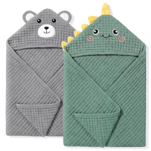 4 PCS Muslin Baby Bath Towels Set, 100% Cotton 2 PCS Animal Hooded Baby Towels 32x32 Inch & 2 PCS Washcloths, Ultra Absorbent & Soft Infant Newborn Essentials Gifts for Boys & Girls, Dinosaur & Bear