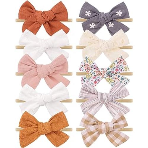 doboi 10PCS Baby Girls Headbands Hair Bows Nylon Linen Hairbands Handmade Hair Accessories for Newborn Infant Toddlers Little Girl and Kids 3.5Inches