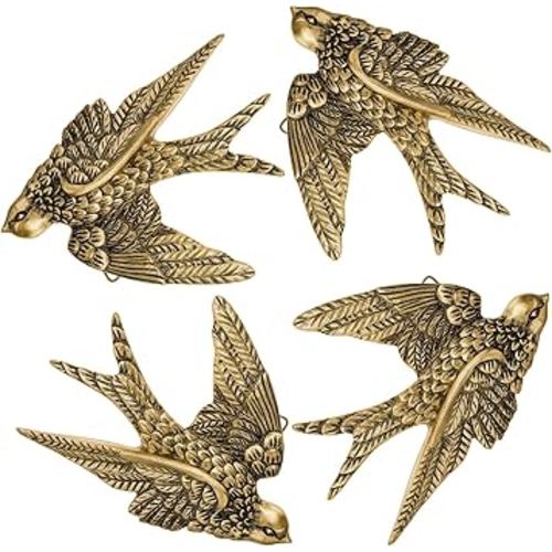 4 Pcs Vintage Bird Wall Sculpture Decor Art 4.7 Inch Antique 3D Sculpted Hanging Bird Resin Wall Art Golden Brass Floating Ornament for Living Room Garden Outdoor, Valentine's Day Gifts for Couples