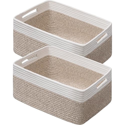 UBBCARE 2 Pack Large Woven Storage Baskets for Organizing, Clothes/Towel/Sweater Organizer for Closet, Storage Baskets Bins for Shelves, Blanket Basket, 17''Lx13''Wx7.5''H, Light Brown/White