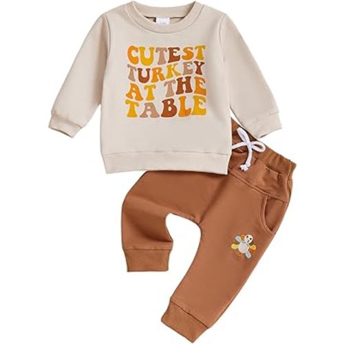 Lesimsam Toddler Baby Boy Thanksgiving Outfit Turkey Letter Print Long Sleeve Sweatshirt Top and Jogger Pants Set