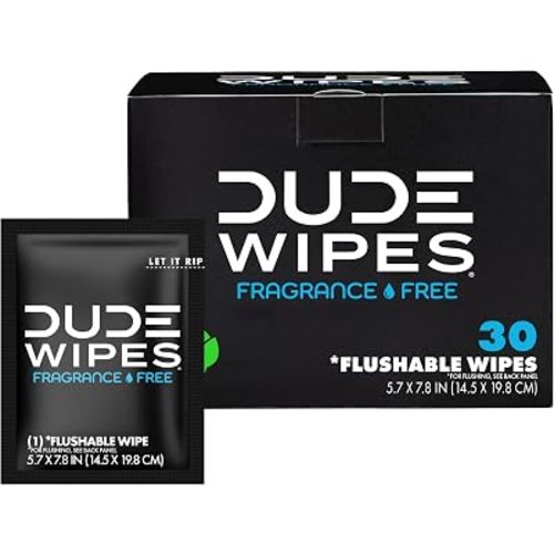DUDE Wipes On-The-Go Unscented Adult Flushable Travel Wipes, 30 Count