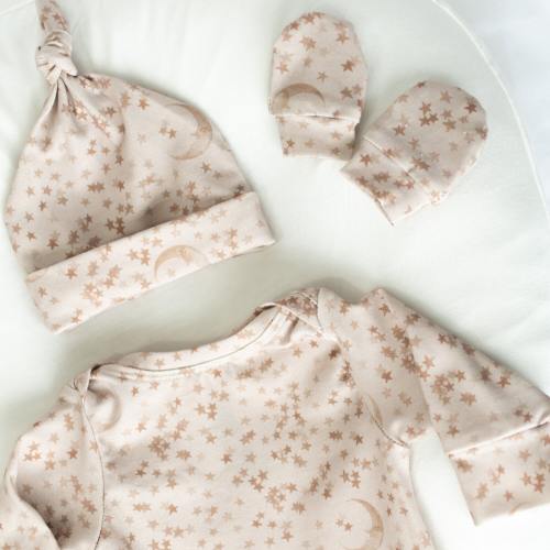 Moon and Star Baby Gown Set: Organic Newborn Outfit, Knot Hat & Mittens COMPLETE SET NEWBORN