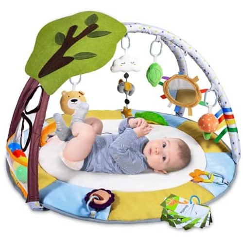 Lupantte Lion Baby Gym Play Mat with 9 Toys for Sensory and Motor Skill Development Language Discovery, Thicker Non-Slip Baby Activity Gym with Ball Pit, Green Tree for Babies as Shower/Christmas Gift