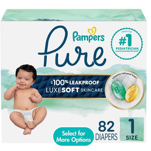Pampers Pure Protection Diapers, Size 1, 82 Count for Up to 100% Leakproof, Plant-based Skin Protection