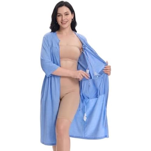 Women's Post Surgery Robe with Drain Pockets Mastectomy Recovery Robe Front Zipper Hospital Gown Pajamas Gift