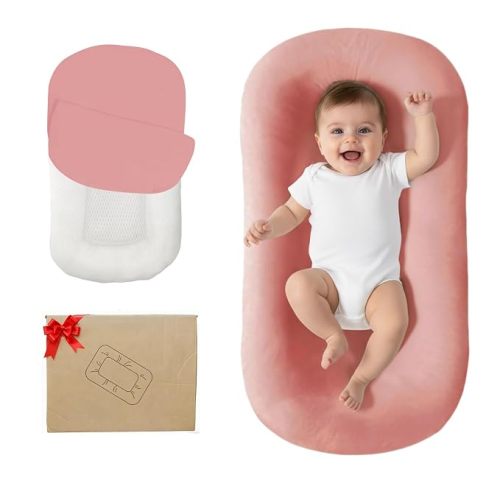 Baby Lounger, Bionic Design Baby Lounger for Newborn 0-24 Months, Soft Organic Cotton Breathable Lounger for Infants (Lovely Pink)