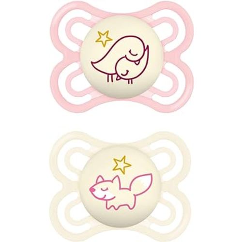MAM Perfect Night Baby Pacifier, Patented Nipple, Glows in The Dark, 2 Pack, 0-6 Months, Girl, Designs May Vary