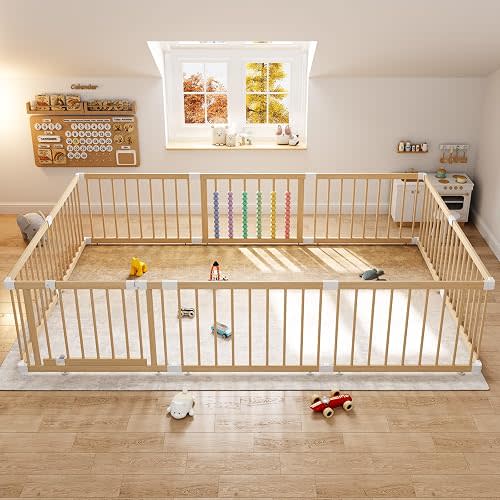 IKALIFE Extra Wooden Baby Playpen - Size Adjustable Fence for Babies and Toddlers, Baby Play Yard with Locking Gate, Indoor Play Pen for Kids Activity Center 10 Panels 83”×57”