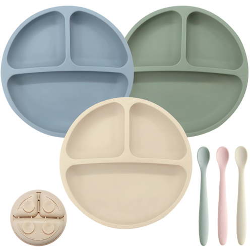6 PCS Silicone Plates & Spoons, Silicone Baby Feeding Set, Toddler Divided Suction Plate 130 ml 130 ml 220 ml, Infant Dinnerware Set for Self-Feeding, Easy to Clean and Dishwasher Safe