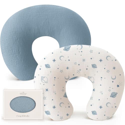 Konssy 2-Pack Muslin Nursing Pillow Covers, Star Soft Slipcover for Baby | Covers Only, 100% Cotton, Hidden Zipper, Washable, Breastfeeding Pillows Covers for Newborn Boys & Girls, (Blue, Star)