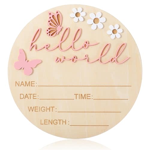 Hello World Newborn Sign, 5.9 Inch Wooden Baby Announcement Sign Pink Butterfly Style Birth Welcome Board for Newborn Boys Girls Photo Props Baby Shower Hospital Nursery (Pink)